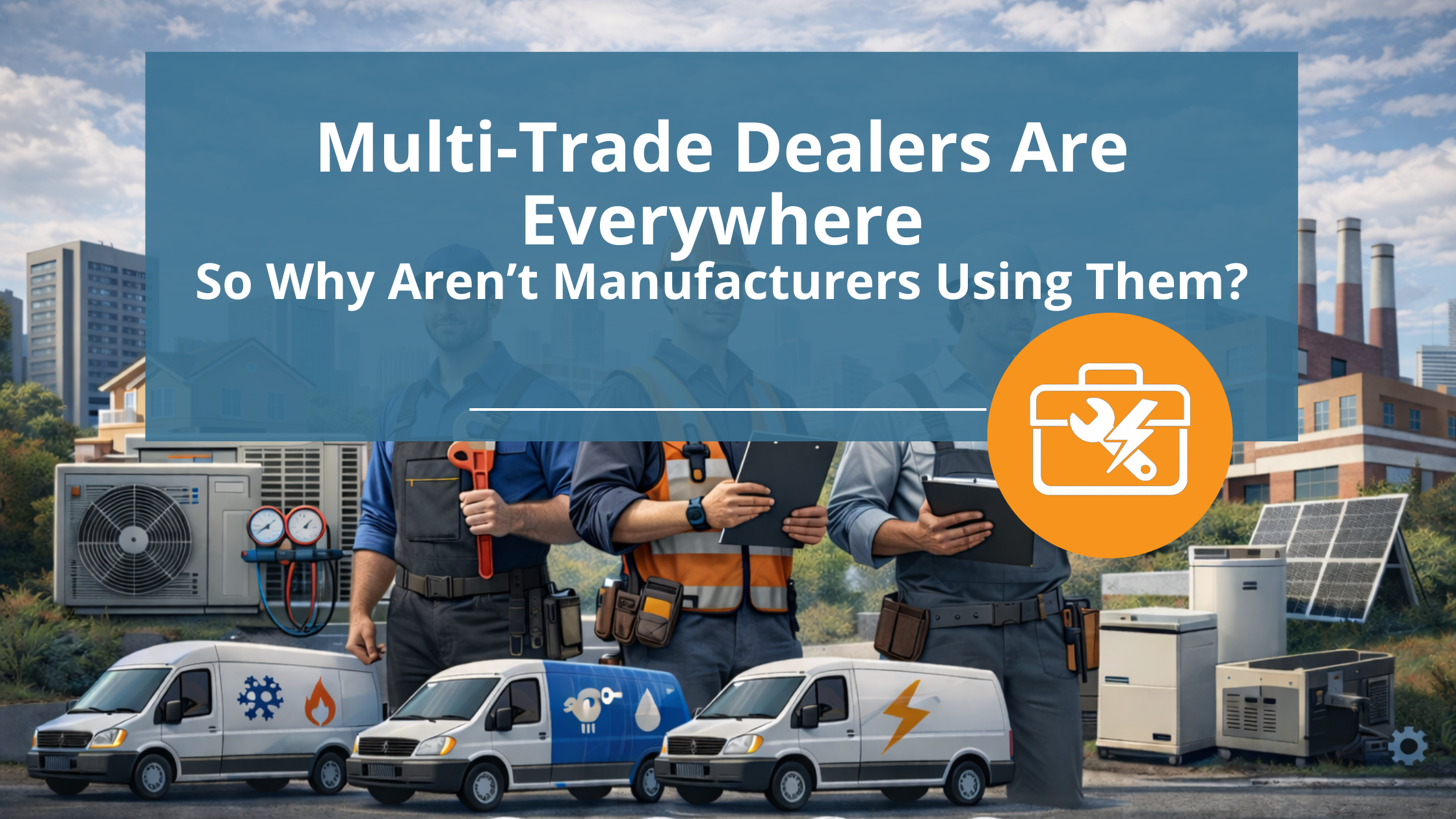 Multi-trade service technicians with vans and equipment for HVAC, plumbing and electrical services.